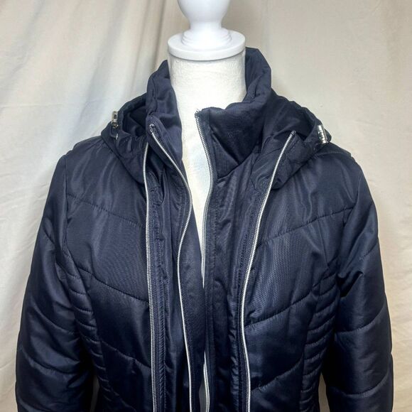 INTL Details Navy Blue Quilted Layered Puffer Coat Jacket Zip Up Hooded Comfy - Picture 3 of 8